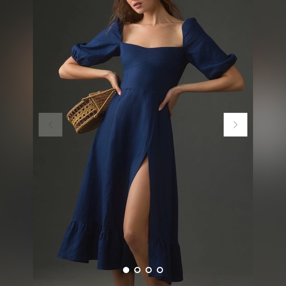 Reformation Navy Blue Midi Dress with Puff Sleeves
